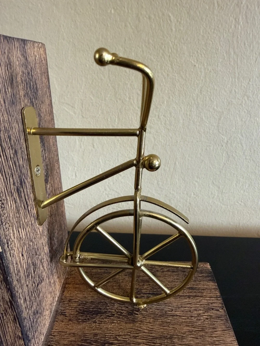 Vintage inspired Gold Metal Bicycle Bookends with Rustic Wood Base - Pair